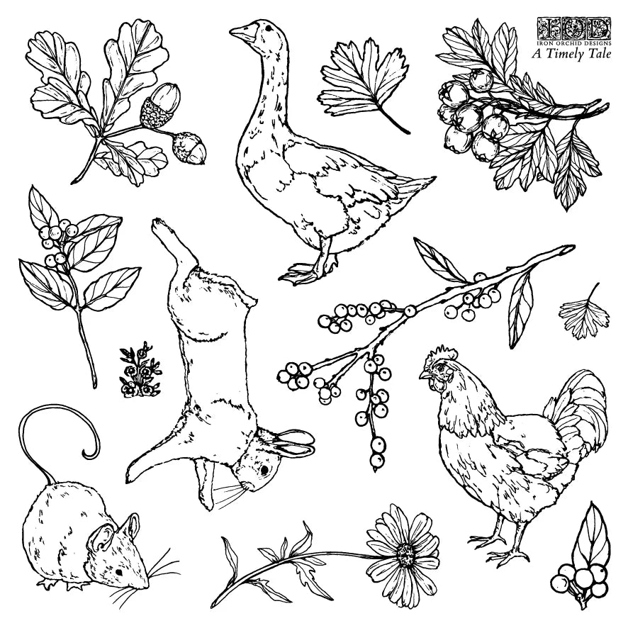 Black and white stamp illustrations of woodland animals and plants, including a goose, rabbit, chicken, mouse, leaves, acorns, berries, and flowers, arranged on a white background with the text 'A Timely Tale' in the top right.