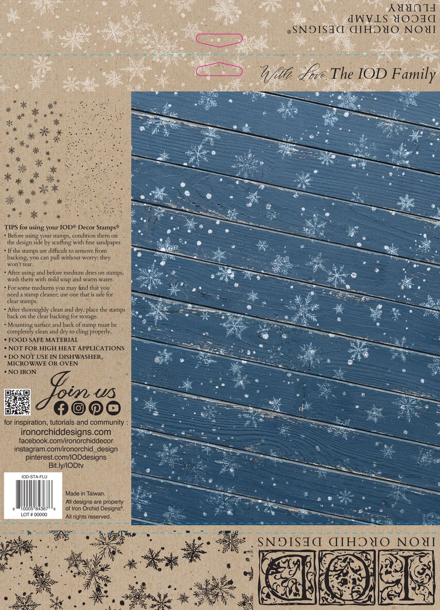 Back packaging of an Iron Orchid Designs 'Flurry' 12x12 stamp, featuring a blue wood-grain pattern with white snowflakes, alongside product details, a barcode, and contact information on a kraft paper background.