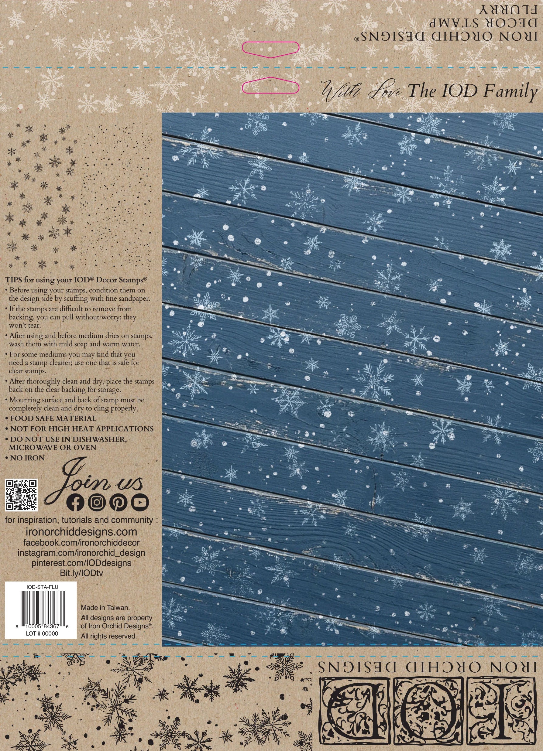 Back packaging of an Iron Orchid Designs 'Flurry' 12x12 stamp, featuring a blue wood-grain pattern with white snowflakes, alongside product details, a barcode, and contact information on a kraft paper background.