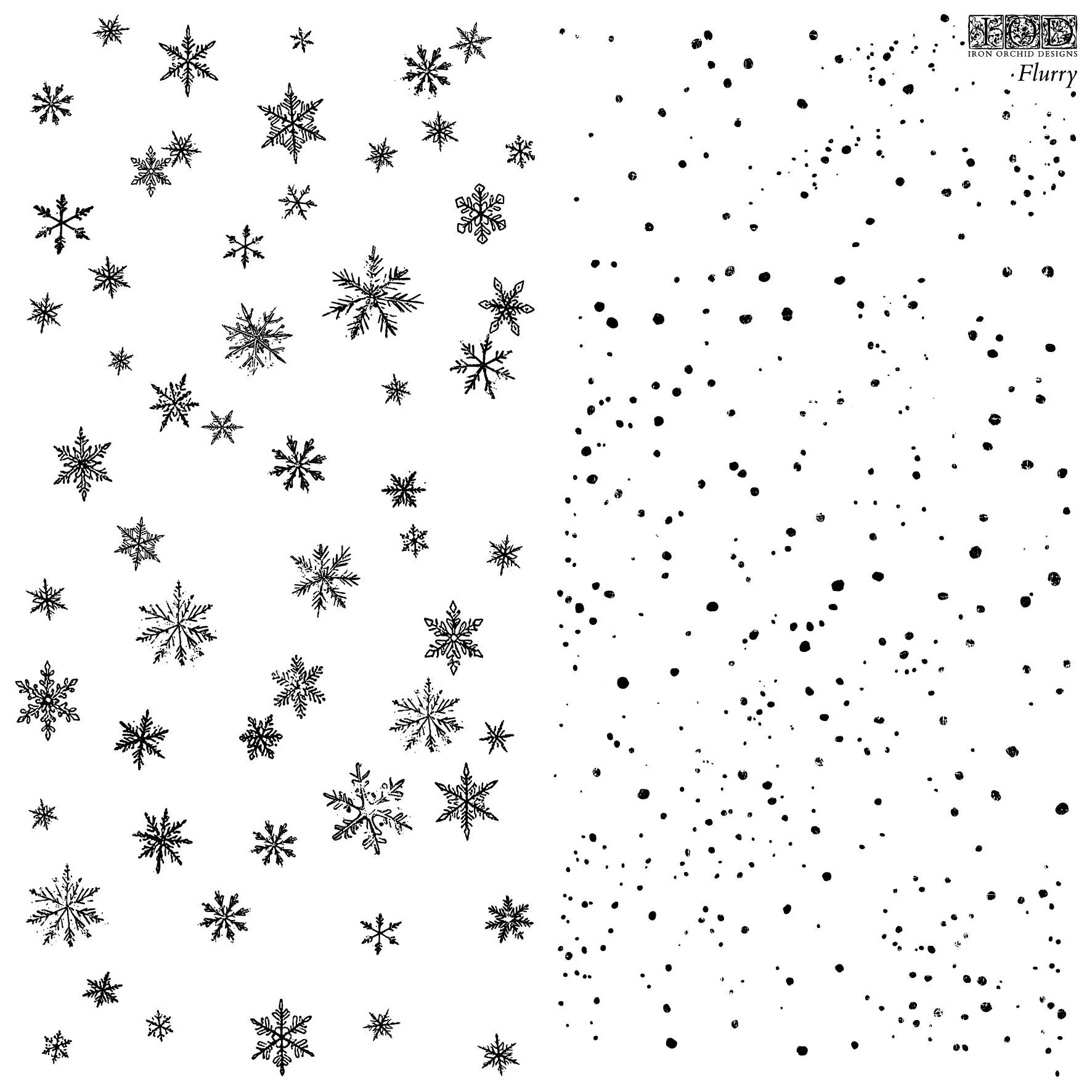Black and white snowflake and dot pattern swatch, split vertically with intricate snowflakes on the left and scattered dots on the right, on a white background.