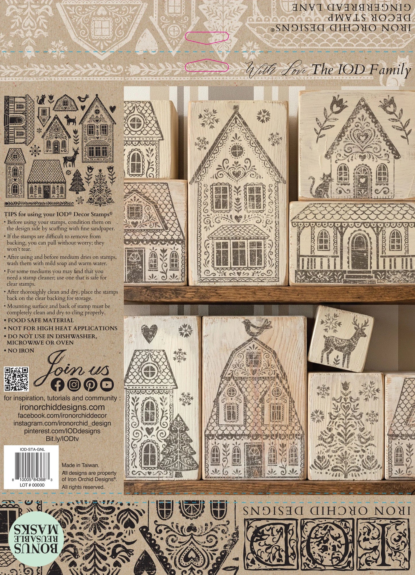 Back cover for 'Gingerbread Lane' stamp designs by Iron Orchid Designs, showing multiple wooden house and tree designs in different levels of detail, alongside product information text and a QR code.