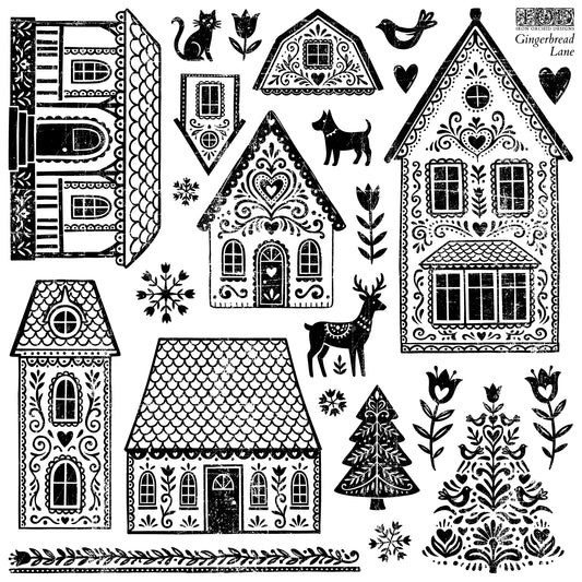 A black and white gingerbread-themed graphic sheet stamp featuring multiple decorated gingerbread houses, trees, birds, flowers, hearts, and a deer, with the text 'Gingerbread Lane' in the top right corner.