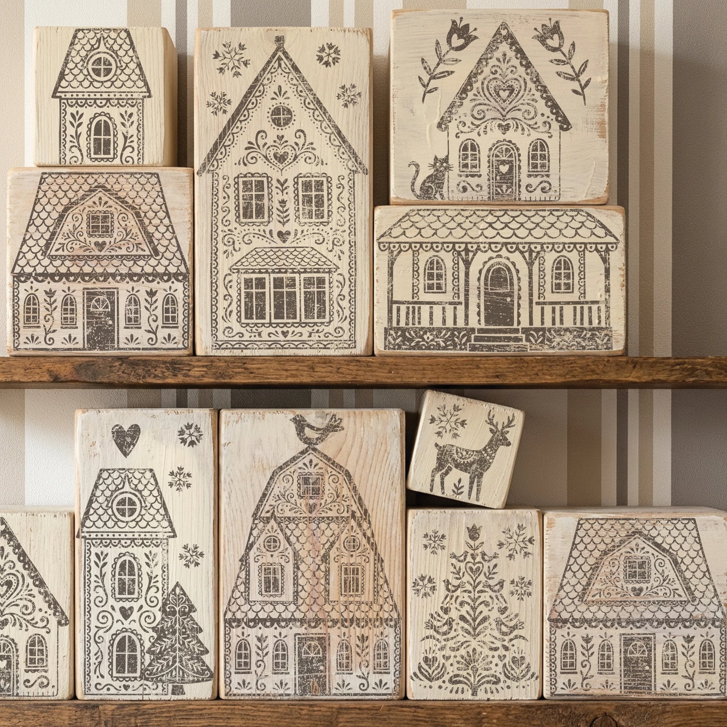 A set of wooden blocks stamped with intricate black house designs, displayed on rustic wooden shelves against a striped wall.