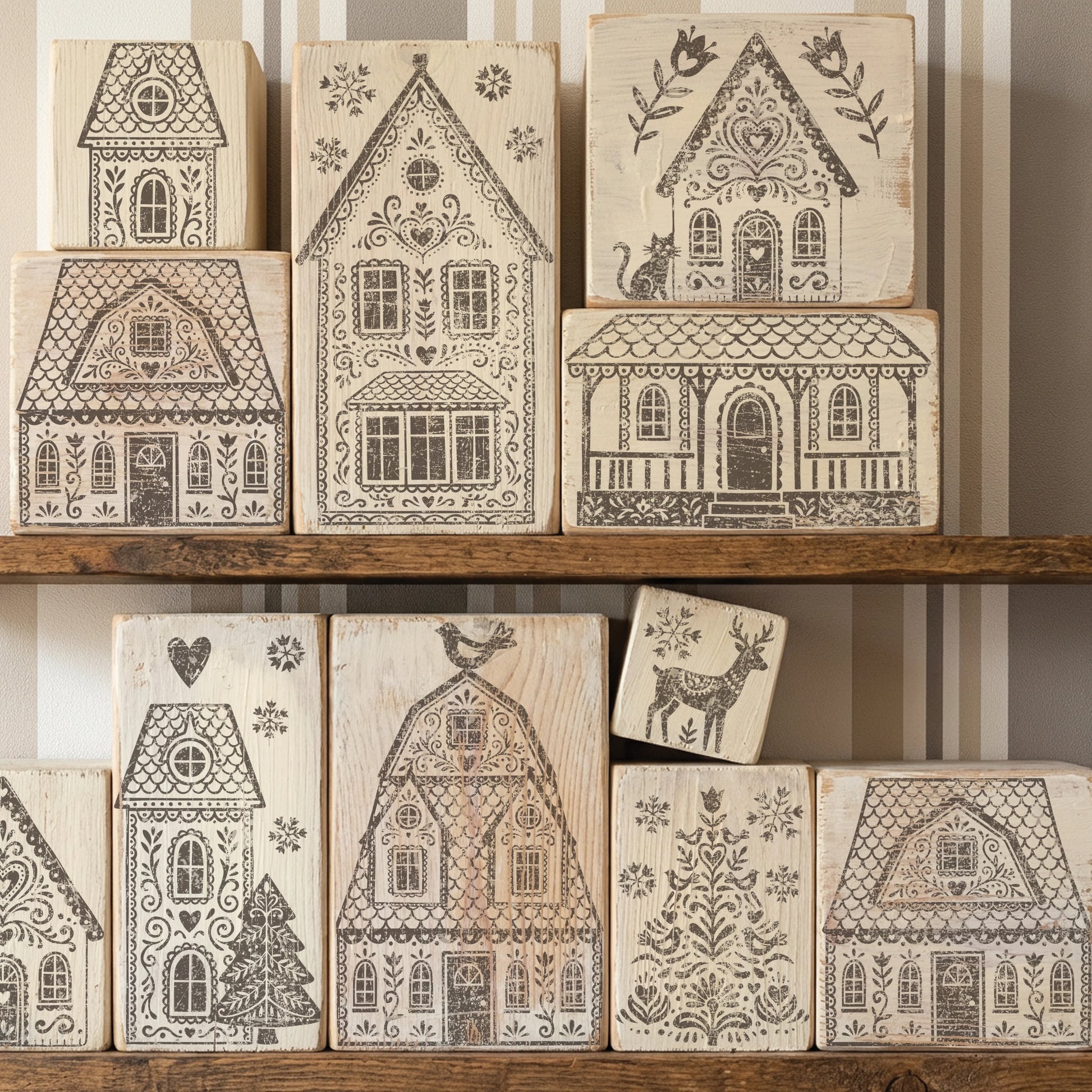 A set of wooden blocks stamped with intricate black house designs, displayed on rustic wooden shelves against a striped wall.