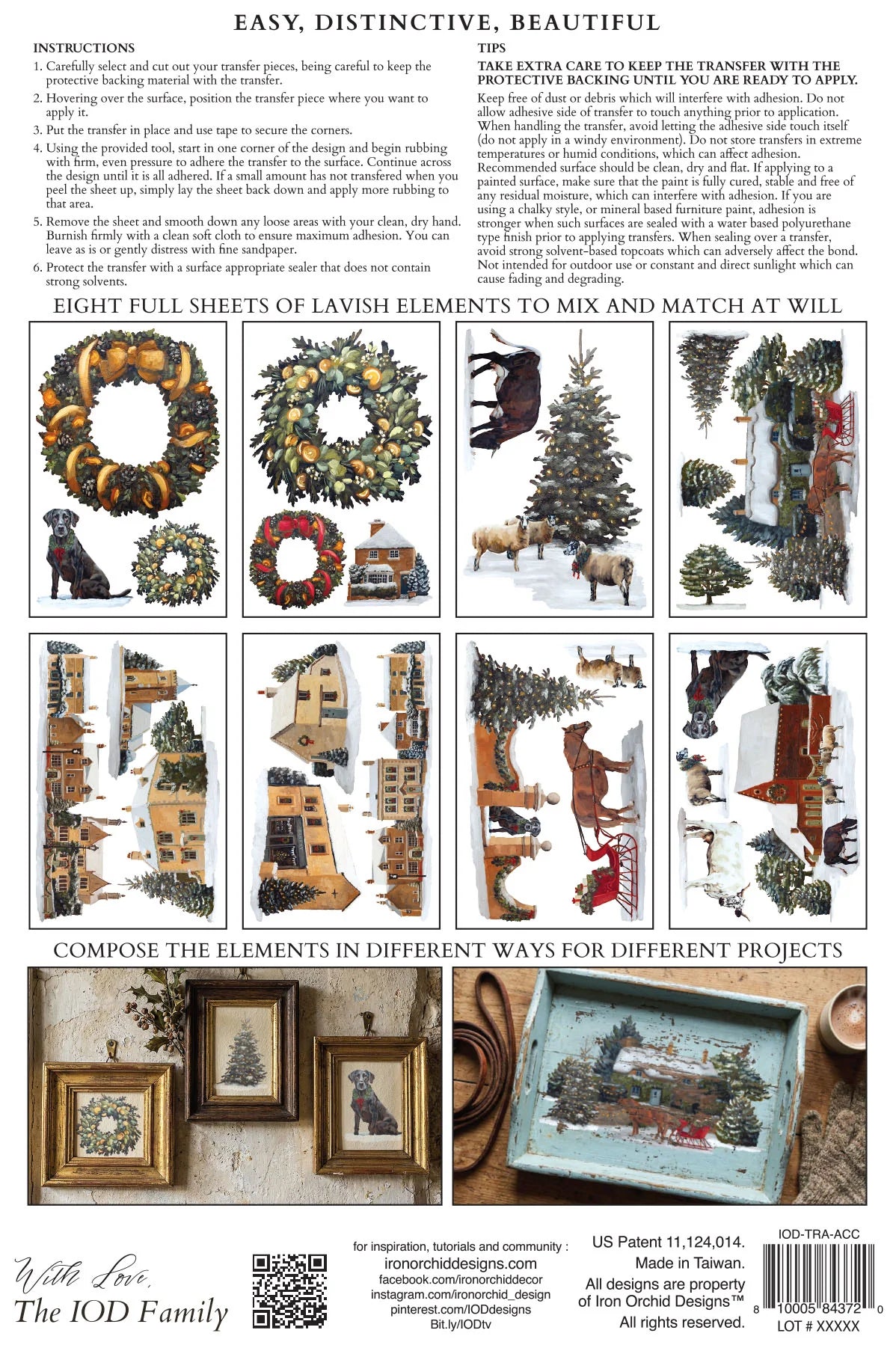 Back cover of a transfer paper set titled 'A Cotswolds Christmas',  showing multiple holiday-themed design previews including wreaths, Christmas trees, rustic signs, and framed art, with instructions and a barcode at the bottom.