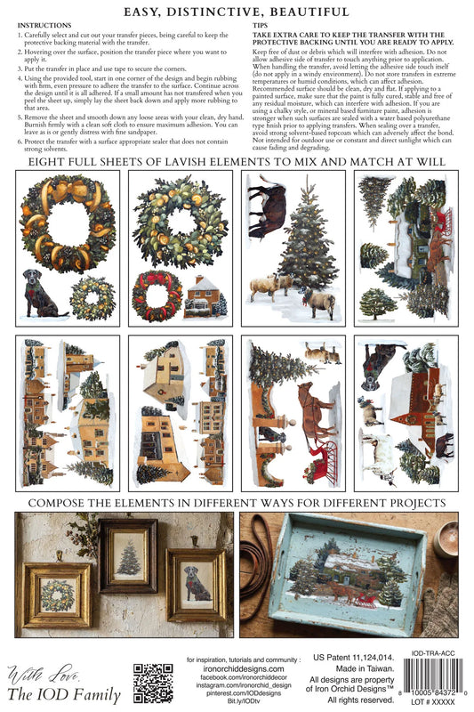 Back cover of a transfer paper set titled 'A Cotswolds Christmas',  showing multiple holiday-themed design previews including wreaths, Christmas trees, rustic signs, and framed art, with instructions and a barcode at the bottom.