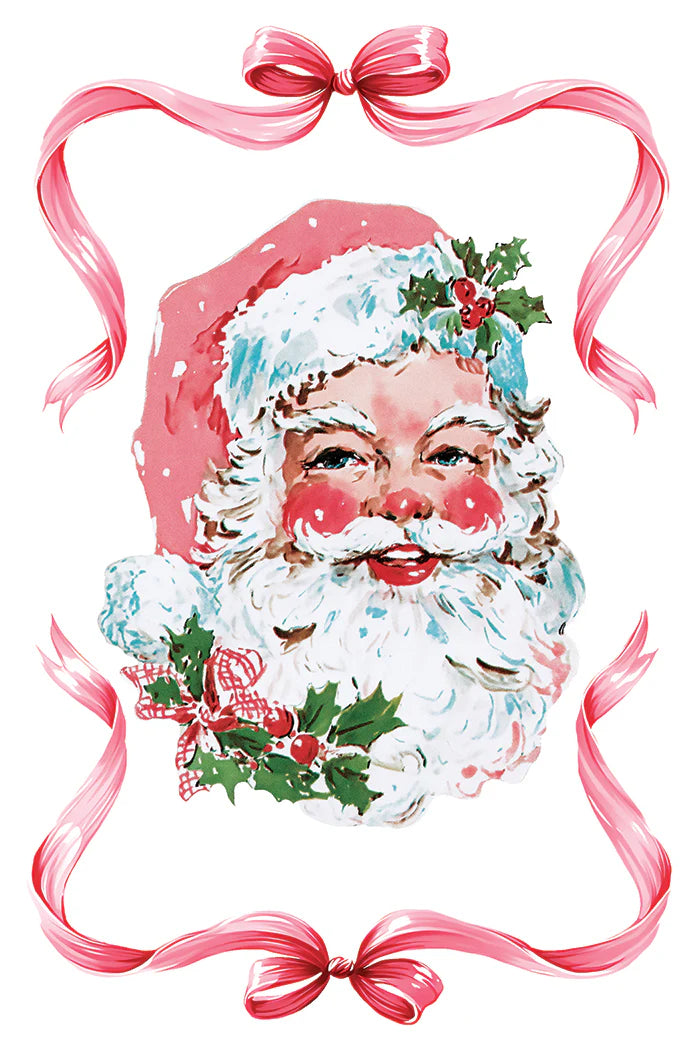 A transfer sheet featuring a vintage-style watercolor illustration of Santa Claus's smiling face framed by pink ribbon bows and holly accents on a white background.