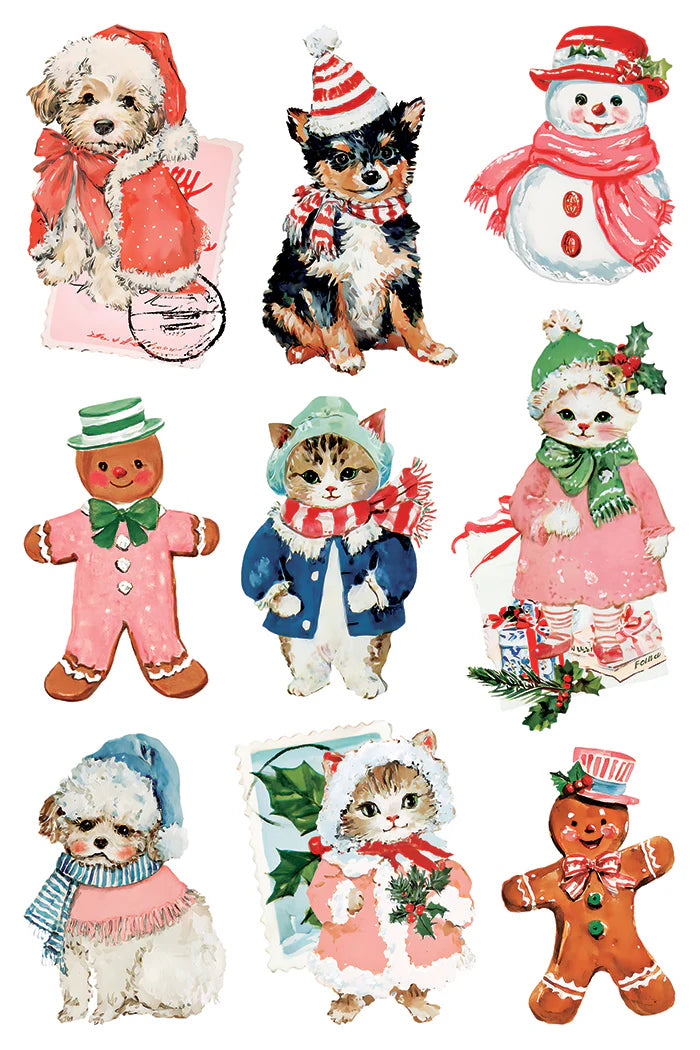 A sheet of vintage-style Christmas animal illustrations on a white background, featuring a puppy in a Santa hat and scarf, a black-and-tan dog with a red striped hat and scarf, a snowman in a red hat and scarf, a gingerbread man in a green hat and bow tie, a cat in a blue coat and red scarf, a cat in a pink winter outfit with holly, a fluffy white puppy in a blue hat and scarf, a cat in a pink hood with red trim, and a gingerbread man in a red hat and bow tie.