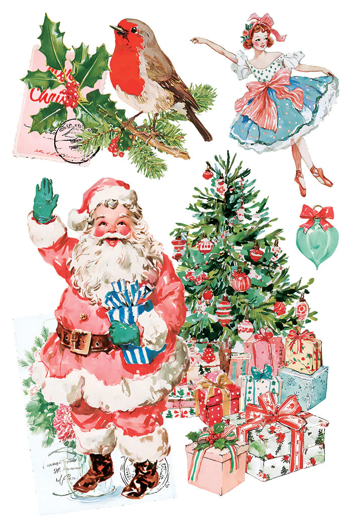 A collage of vintage Christmas illustrations on a white background, including Santa Claus waving, a robin bird with holly, a ballerina in a blue dress, a decorated Christmas tree, and wrapped presents.