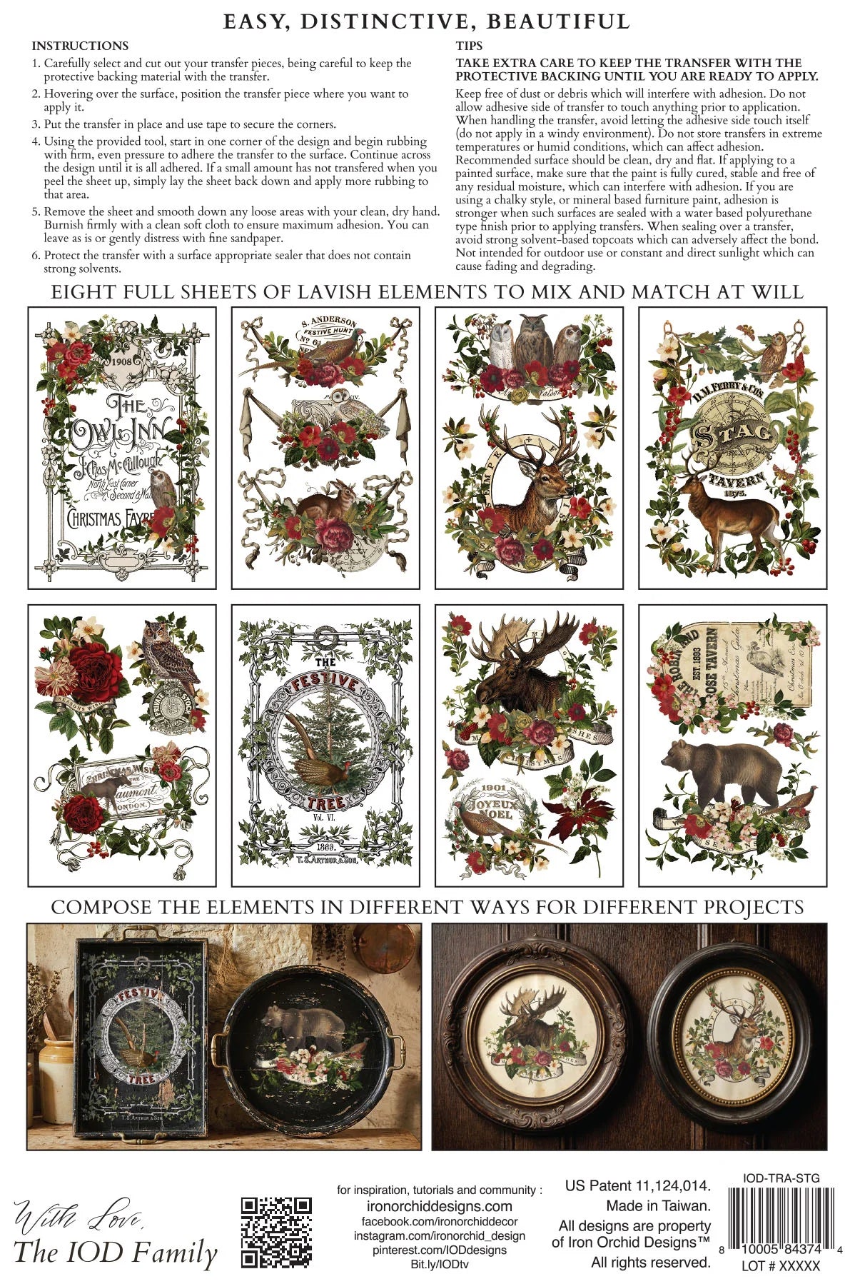 Instruction sheet for using the Stag Tavern transfer pad, showing eight decorative floral and animal designs and DIY projects.