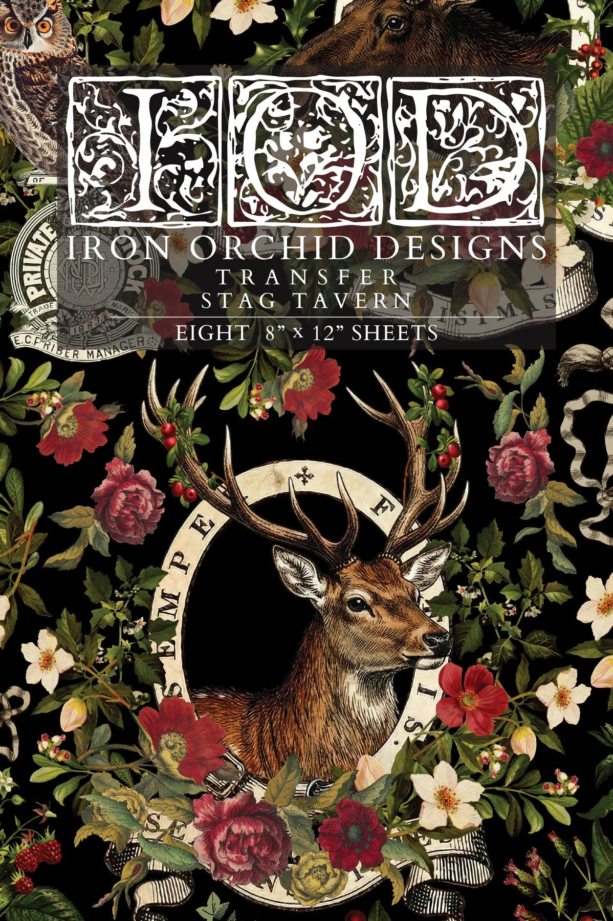 Product cover for 'Iron Orchid Designs Transfer Stag Tavern' featuring an ornate white gothic logo at the top and a central stag illustration surrounded by red flowers and green foliage on a black background.