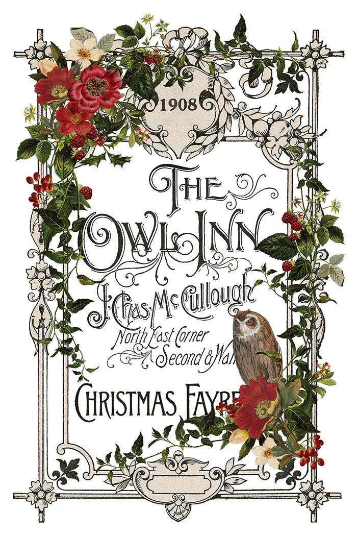 Decorative rub on transfer paper picturing a Vntage-style illustrated book cover for 'The Owl Inn' by McCullough, featuring ornate black script text surrounded by a decorative border with red flowers, green leaves, berries, and a brown owl on a white background.