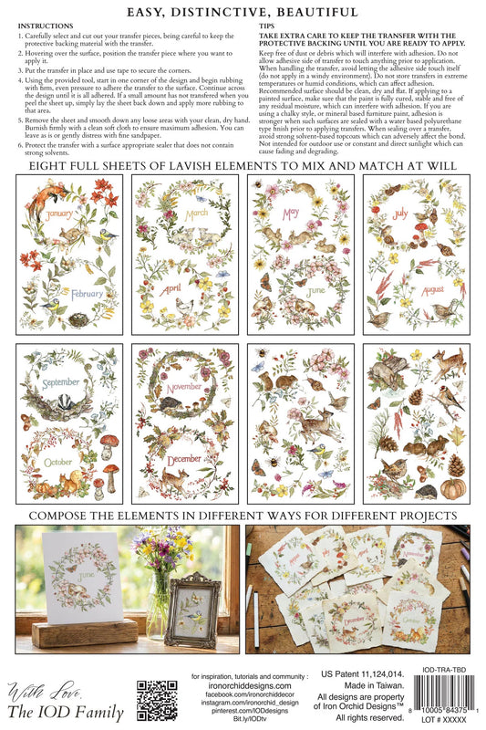 Instruction sheet for using IOD transfers, showing a grid of floral and botanical card designs, a section with numbered usage tips, and example composite layouts on a white background.
