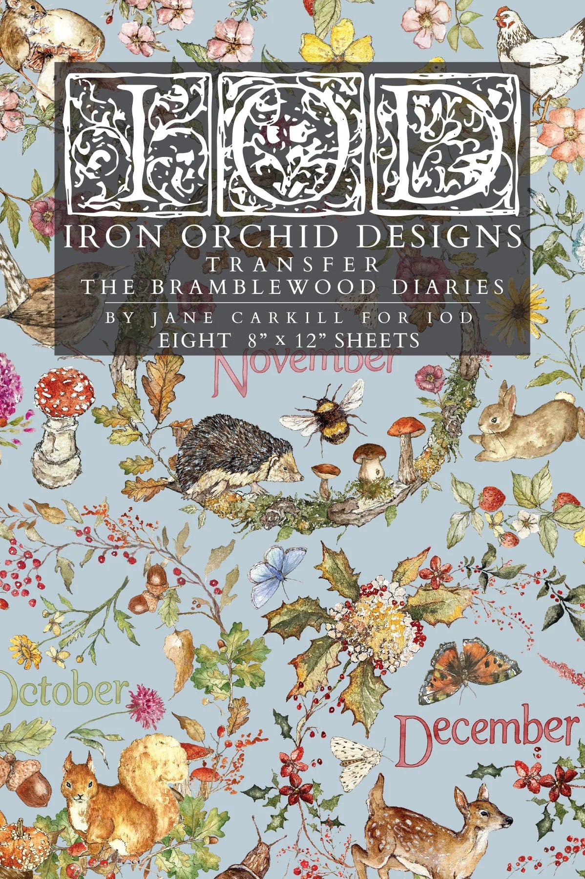 Front cover of a transfer pad featuring autumn and woodland illustrations, labeled 'IOD Iron Orchid Designs Transfer The Bramblewood Diaries' with months October, November, and December visible.