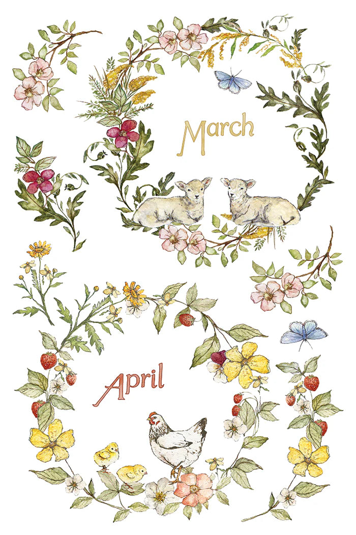 A transfer page with vintage-style botanical calendar illustration showing floral wreaths with the months March and April, including sheep, a chicken, chicks, flowers, berries, and butterflies on a white background.
