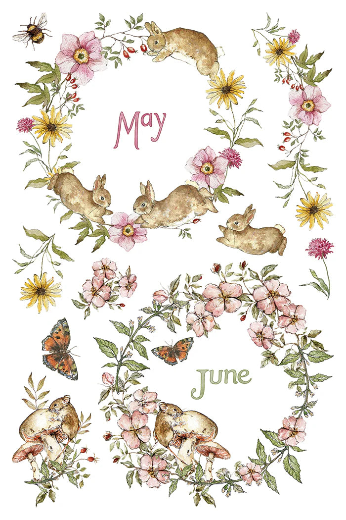 A transfer page with a watercolor-style floral and animal collage on a white background, featuring rabbits, flowers, butterflies, leaves, and the words 'May' and 'June' in soft pastel lettering.