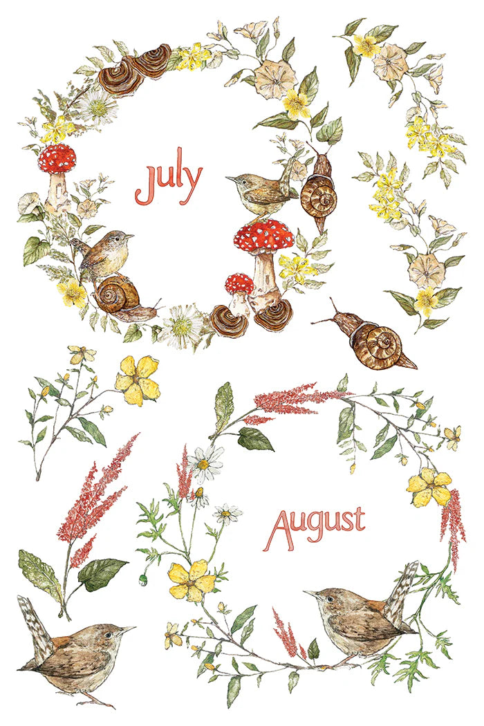 A transfer sheet with botanical illustration on a white background showing floral wreaths and small birds, with the words 'July' and 'August' in coral script. The artwork includes yellow flowers, red-and-white mushrooms, green leaves, and brown snails.