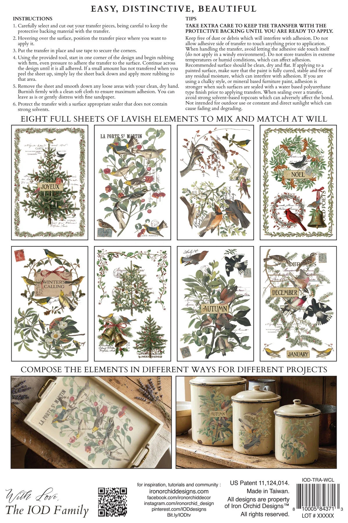 A printed instruction sheet for a decorative rub on transfer set, showing illustrated vintage botanical and bird designs, a large instruction text block at the top, and small example composited panels at the bottom. This is not a clean product photo of a physical item in use, and it is not a measurement chart or color swatch; the instructional content makes Instruction Diagram the best fit.