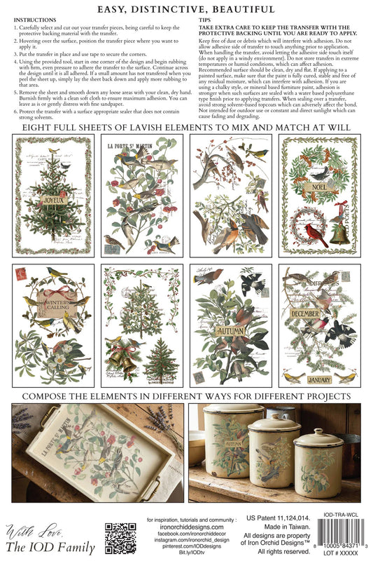 A printed instruction sheet for a decorative rub on transfer set, showing illustrated vintage botanical and bird designs, a large instruction text block at the top, and small example composited panels at the bottom. This is not a clean product photo of a physical item in use, and it is not a measurement chart or color swatch; the instructional content makes Instruction Diagram the best fit.