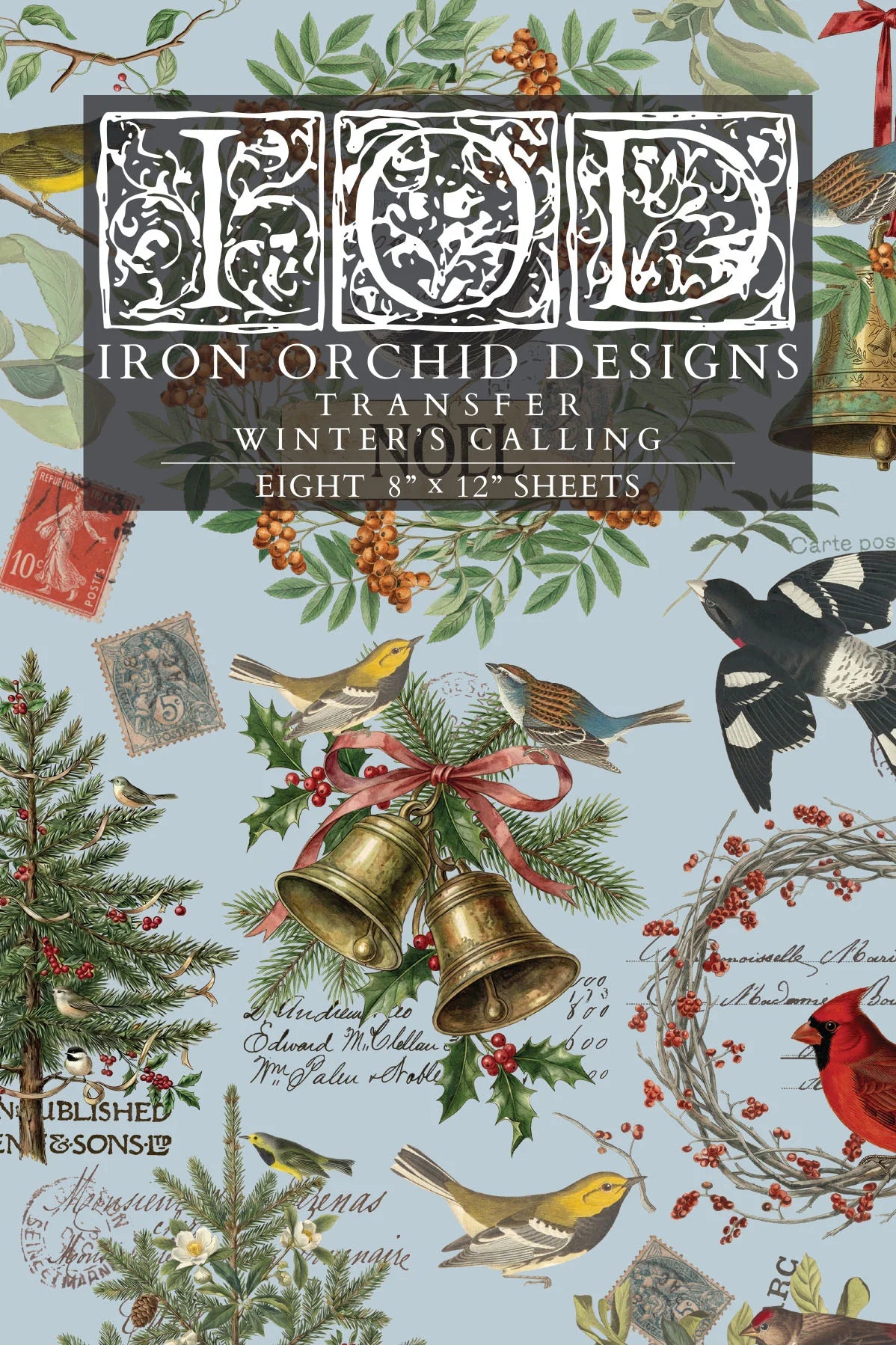 Cover of 'Transfer: Winter's Calling' by Iron Orchid Designs, featuring a festive collage of Christmas illustrations including bells, holly, birds, pine branches, and vintage stamps on a pale blue background.