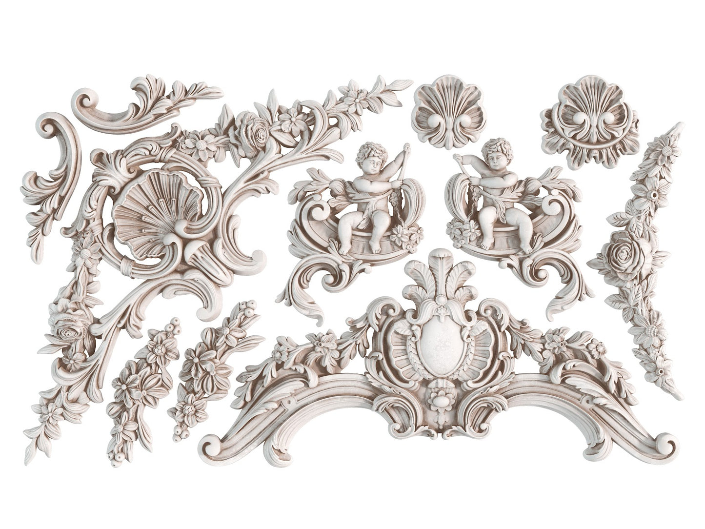 Air dry clay castings of frame border pieces and cherubs.