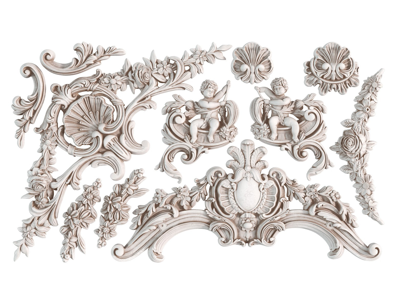 Air dry clay castings of frame border pieces and cherubs.