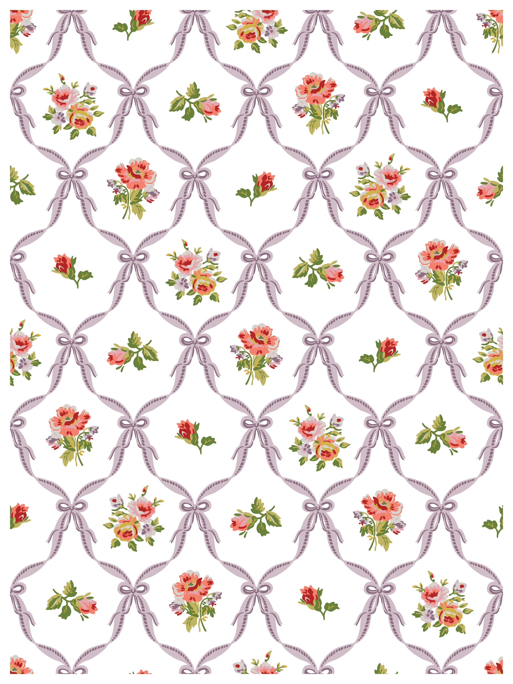 Pattern of floral bouquets and ribbons on a white background