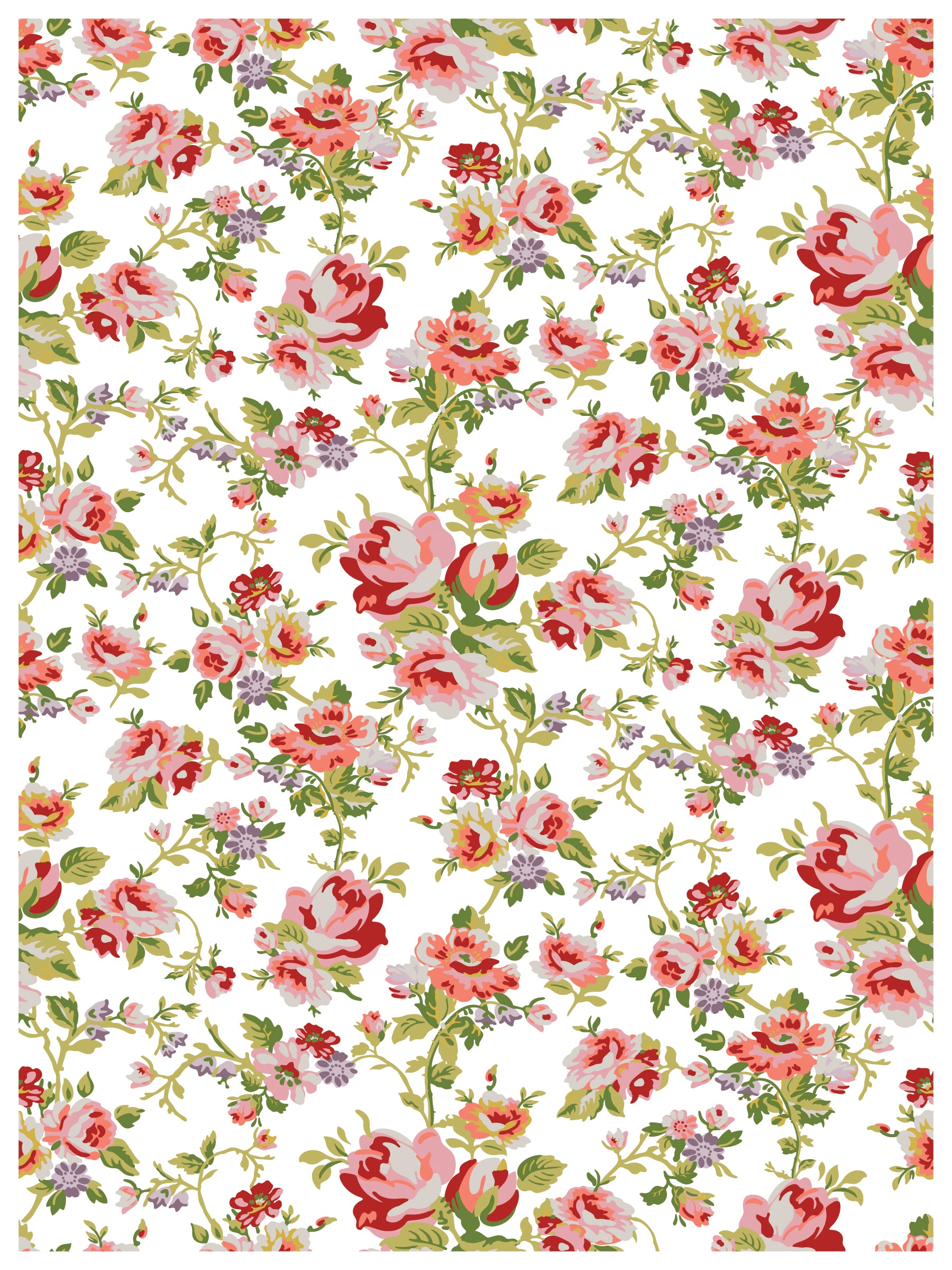 Ditsy Blooms IOD inlay, cluttered Floral pattern with pink roses on white 