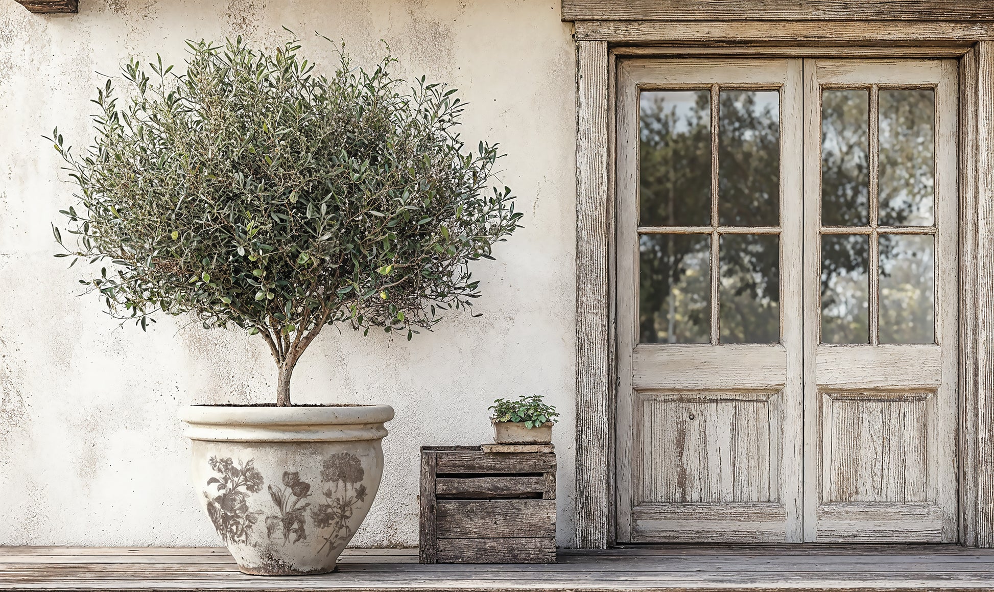 Potted plant and wooden crate with floriogoraphy with a rustic door in the background.