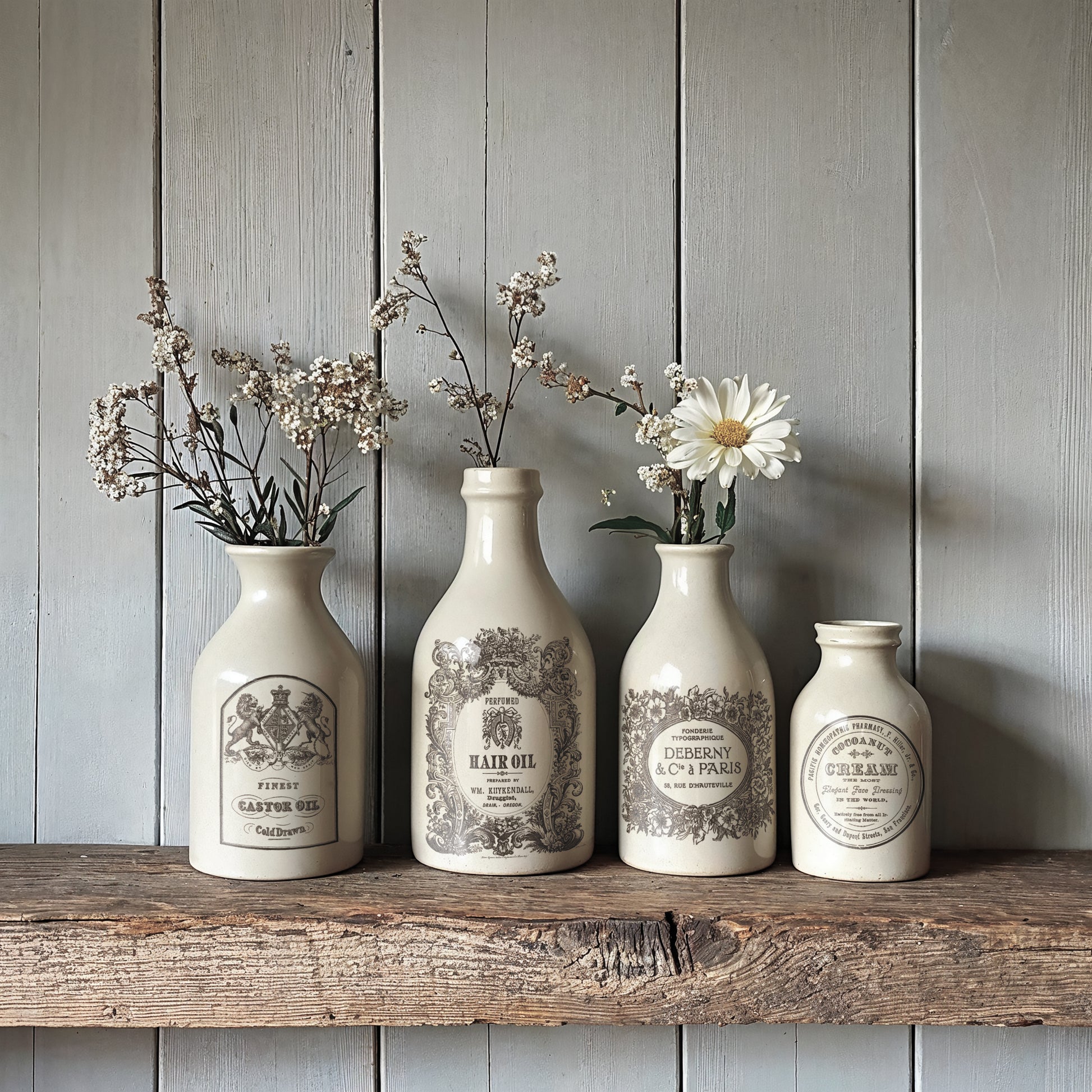 Four decorative bottles with designs from the IOD floriography paint inlay