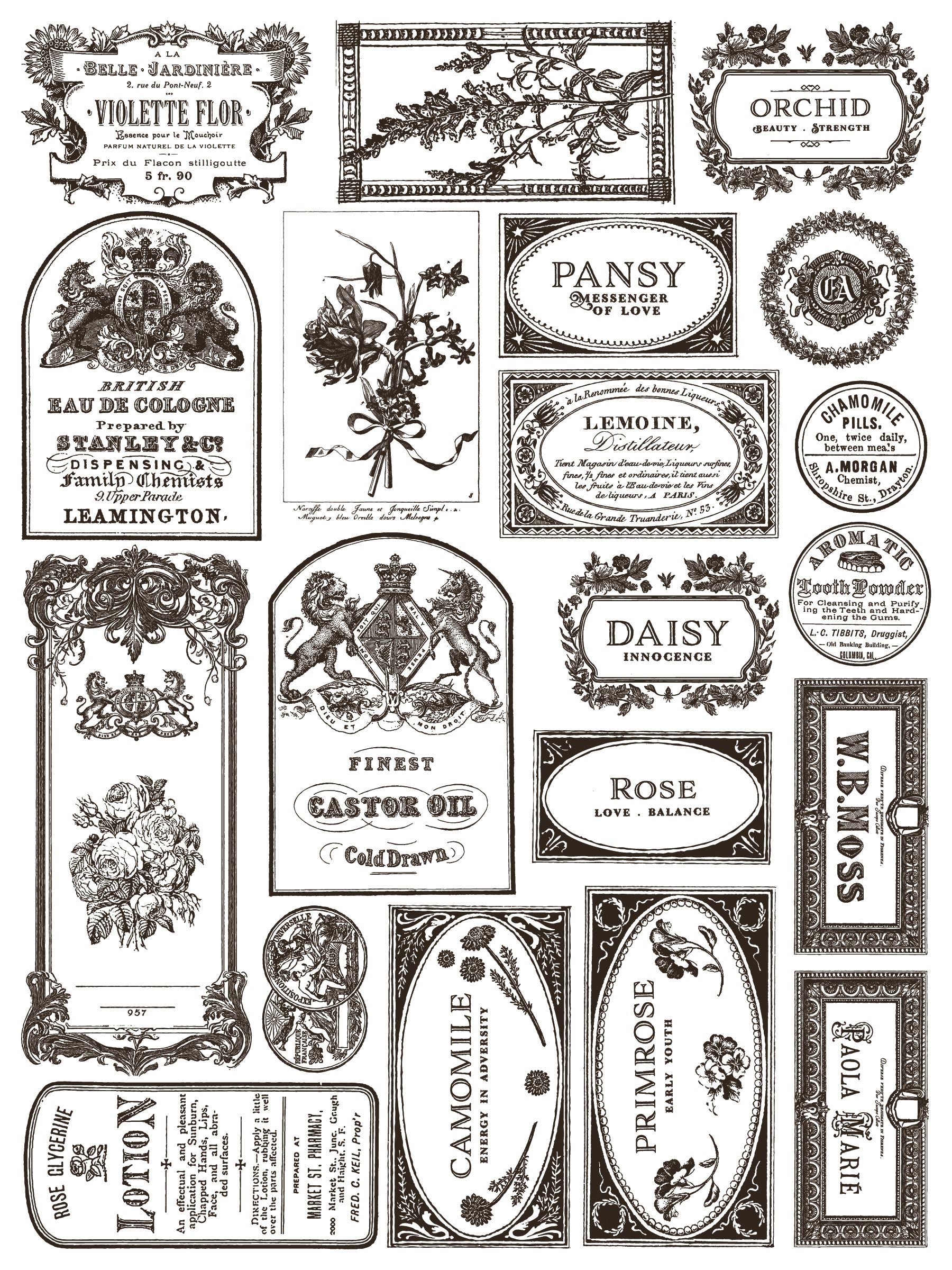 Collection of vintage-style product labels  and stamps with flowers and texts