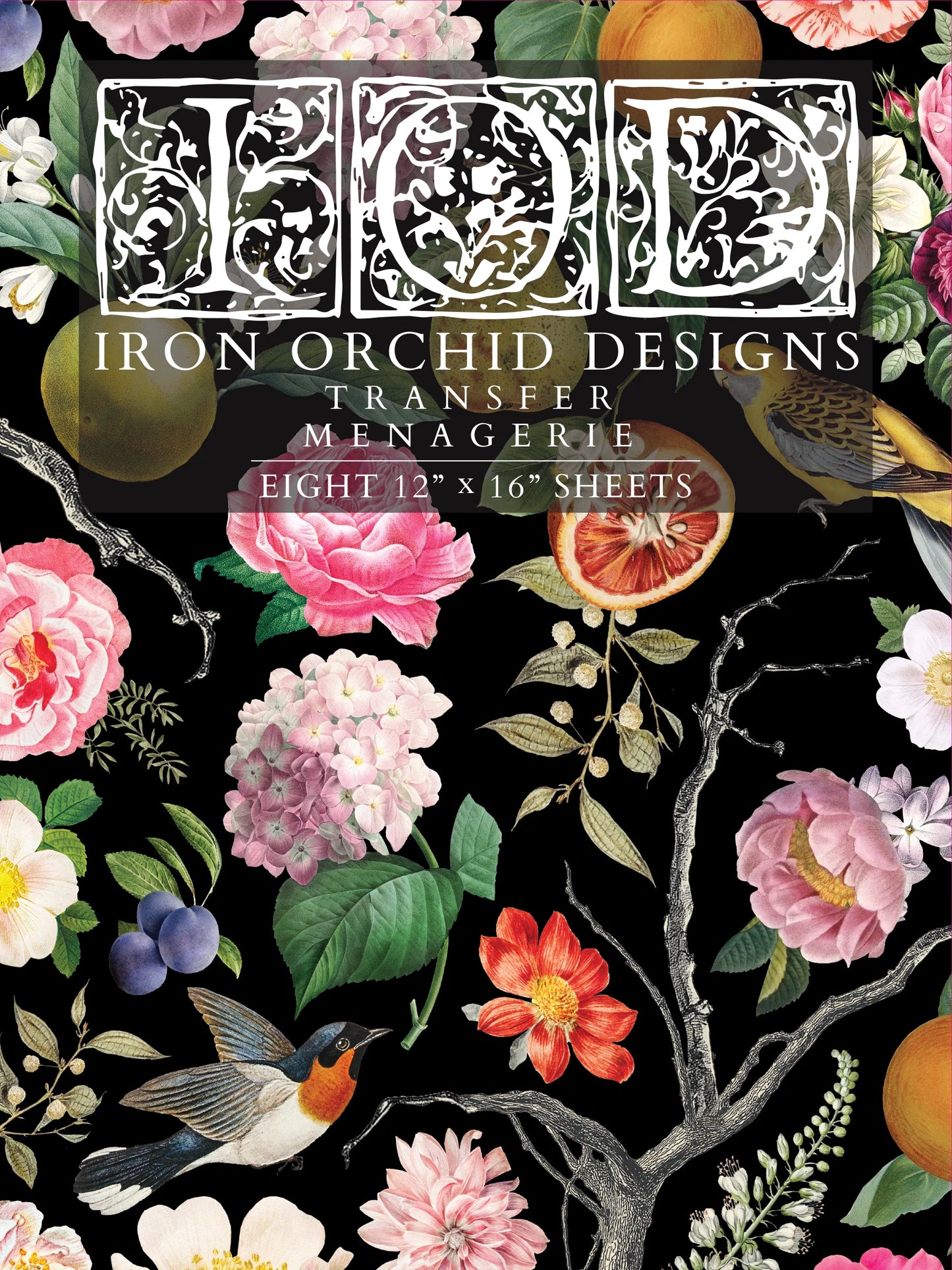 A decorative transfer pad with floral and animal patterns, including birds and botanicals