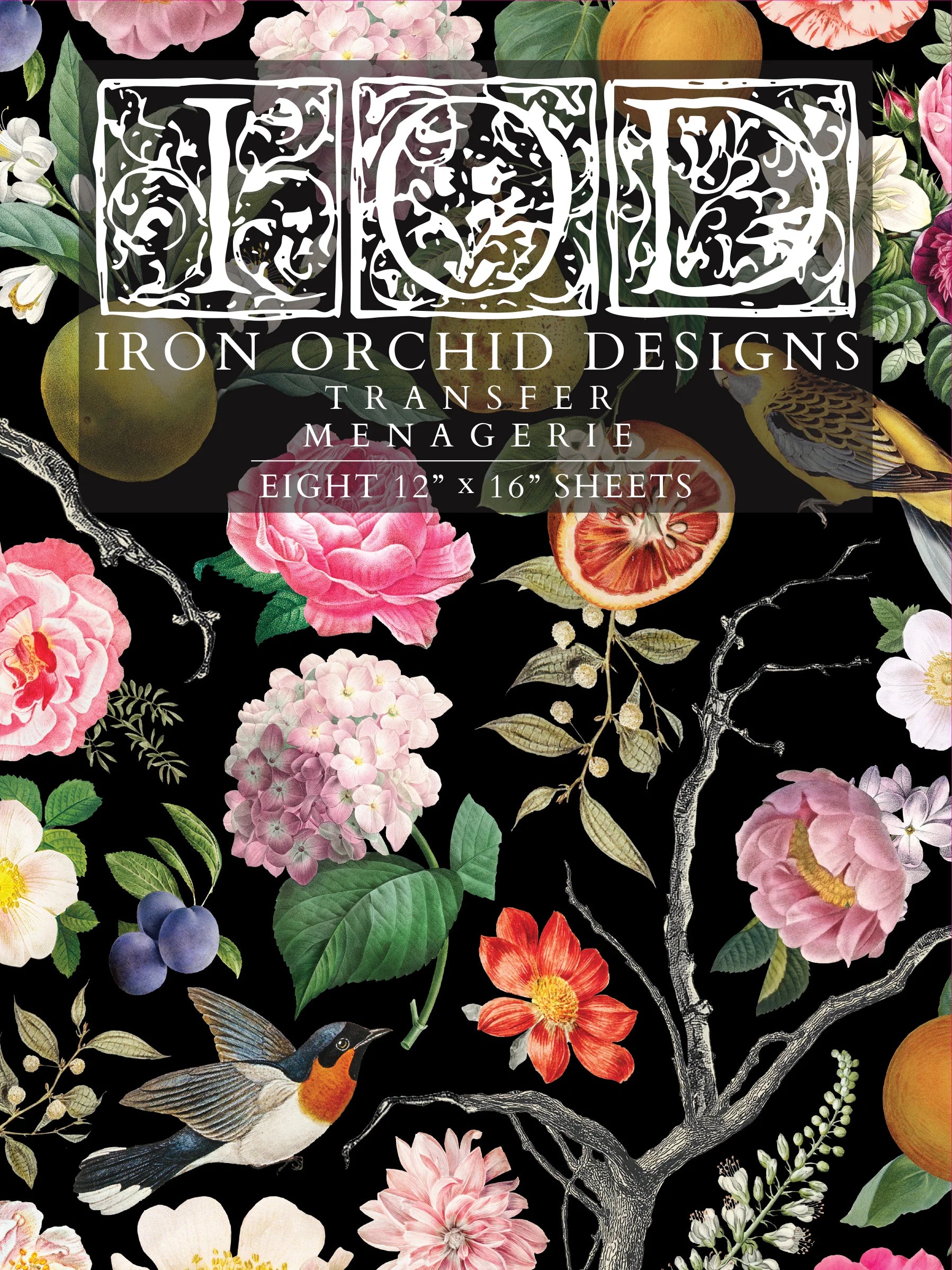 A decorative transfer pad with floral and animal patterns, including birds and botanicals