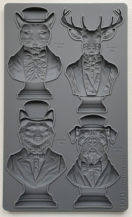 A set of four animal molds including a cat, deer, and dog, designed in a whimsical style with decorative elements, part of the IOD Decor Mould, 'Invitation Only'.