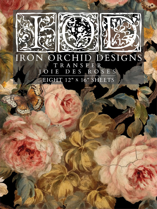 Front cover of a transfer pad titled "Joie Des Roses", covered in painted pink roses.