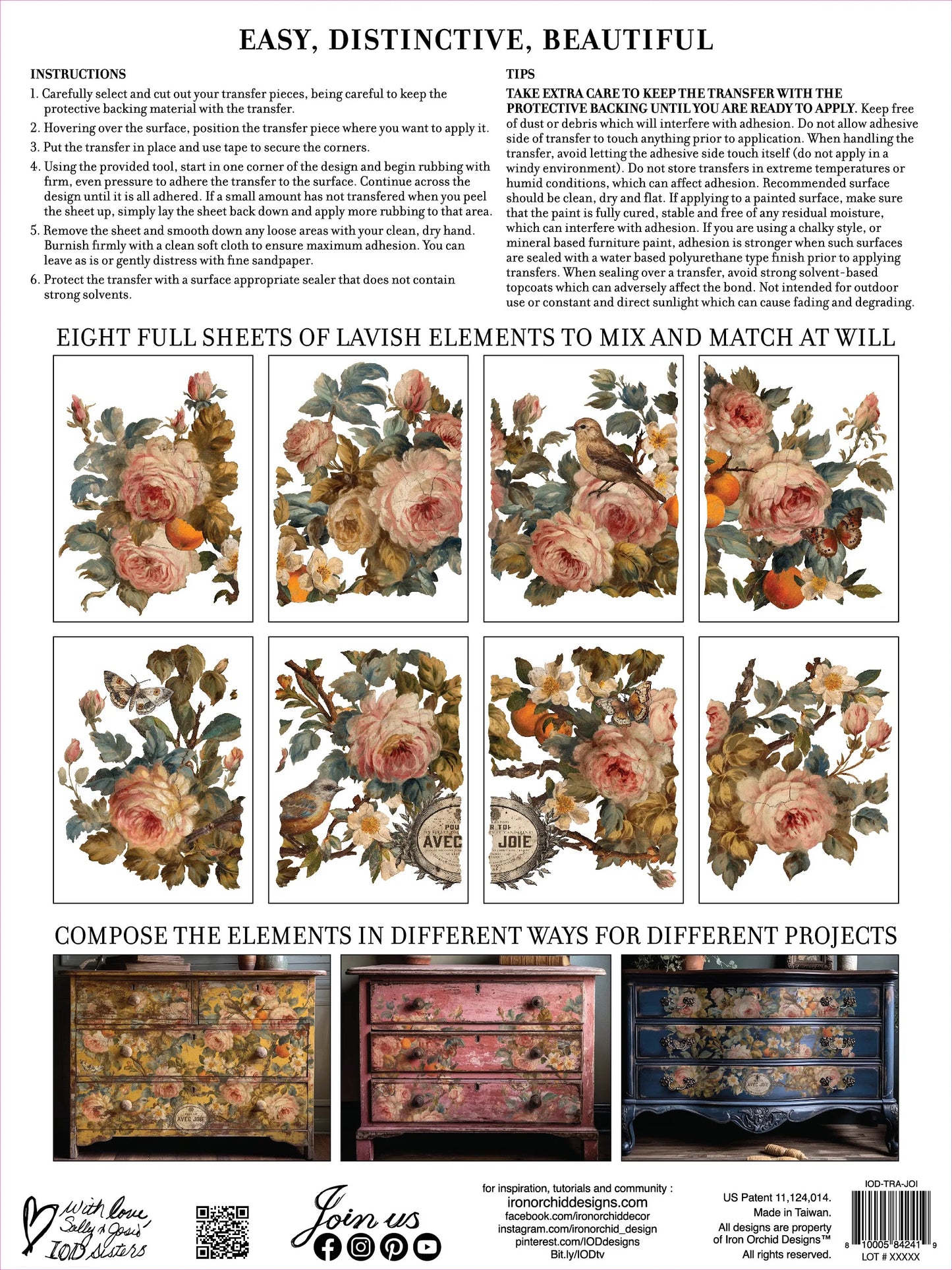 The back cover of an IOD transfer pad with instructions for using transfer paper and a preview of each of the eight sheets.