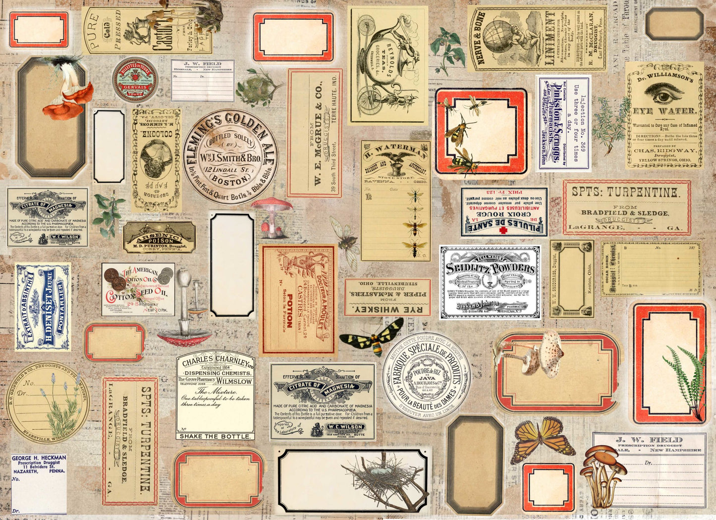 A Roycycled decoupage paper called "Label Masterboard" with various product labels.