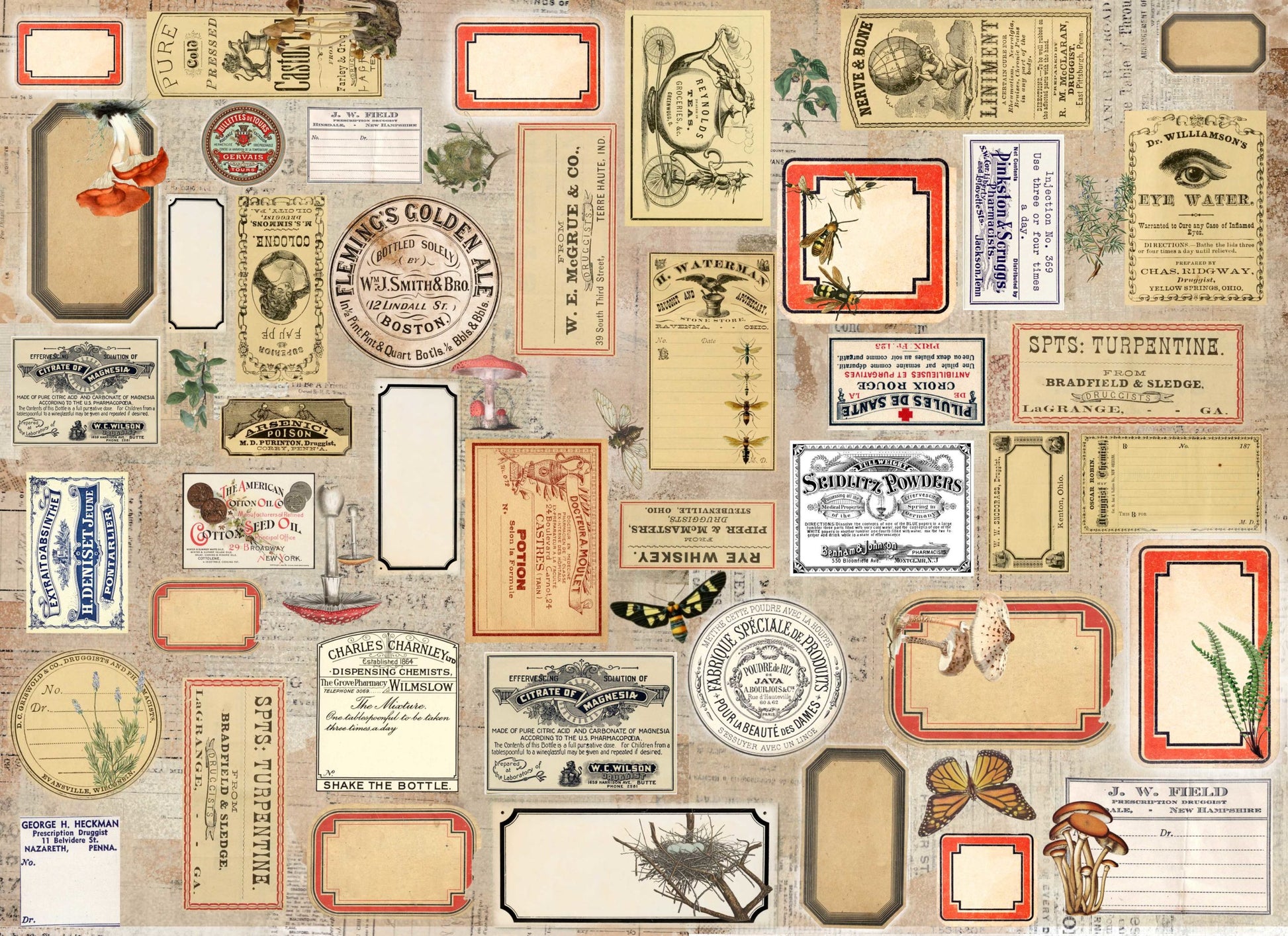 A Roycycled decoupage paper called "Label Masterboard" with various product labels.