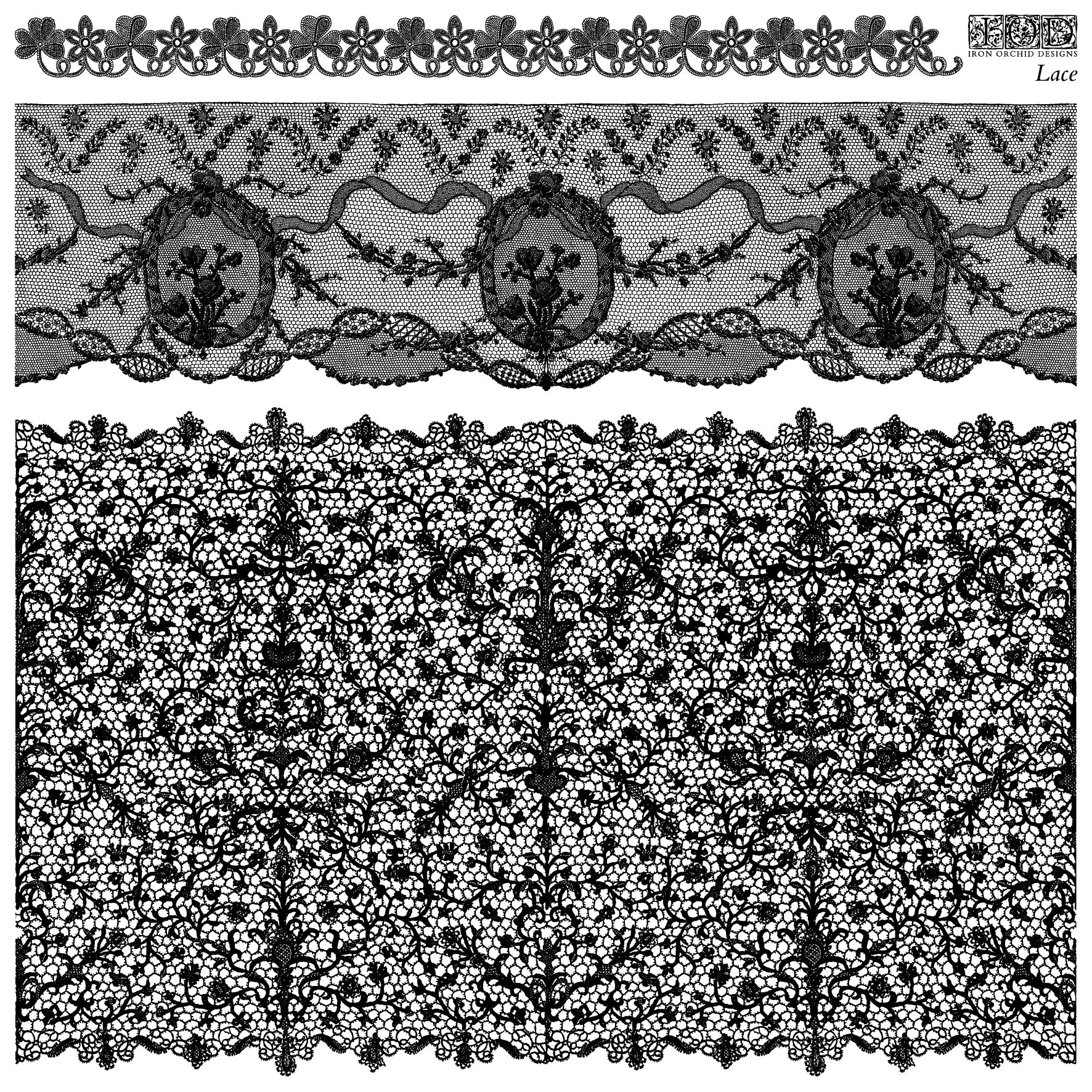 A 12” x 12” stamp depicting pieces of lace fabric with intricate patterns on a white background.