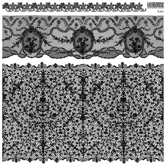 A 12” x 12” stamp depicting pieces of lace fabric with intricate patterns on a white background.