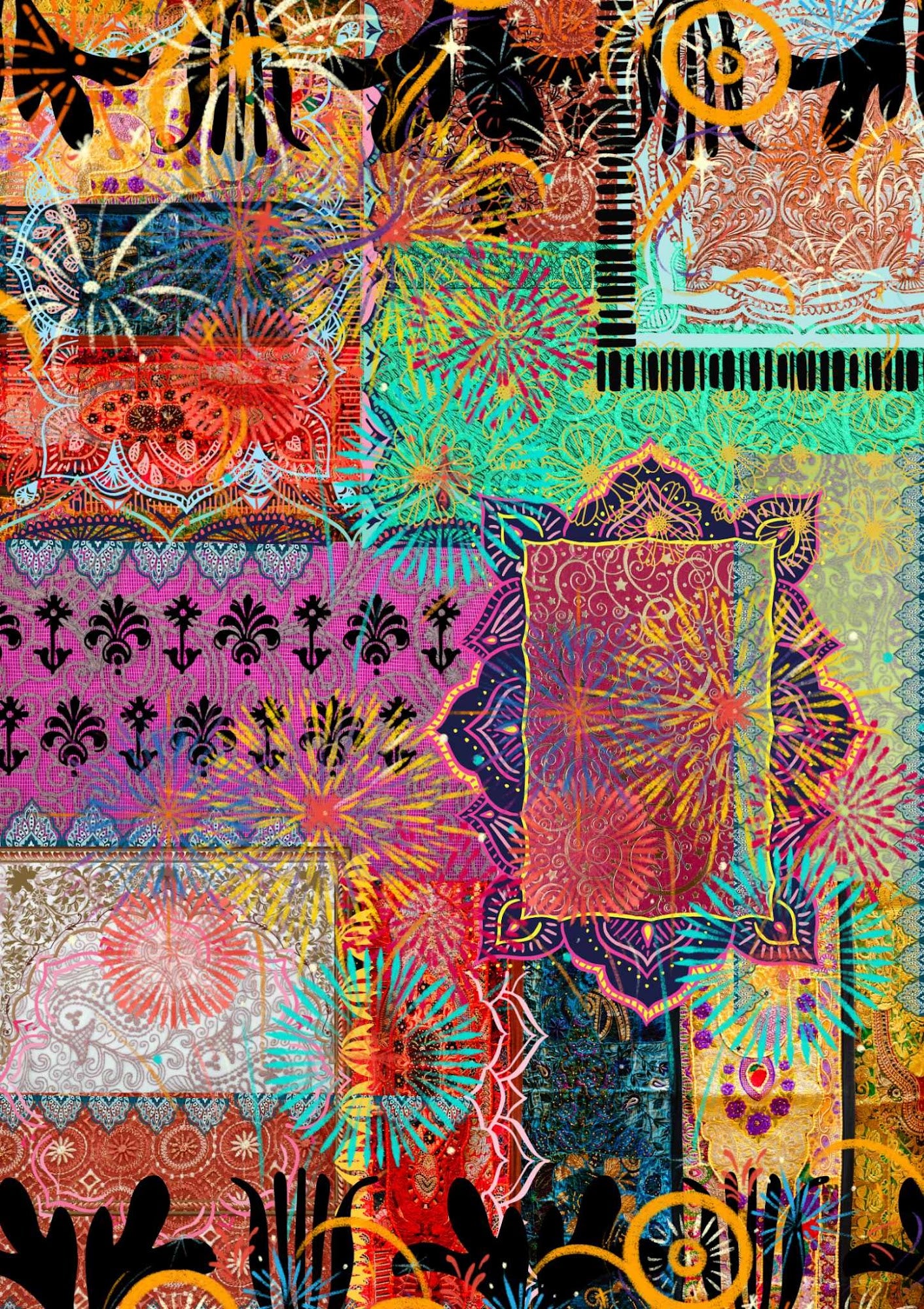 A colorful decoupage paper with various patterns including fireworks and geometric designs, intended for furniture decoration.