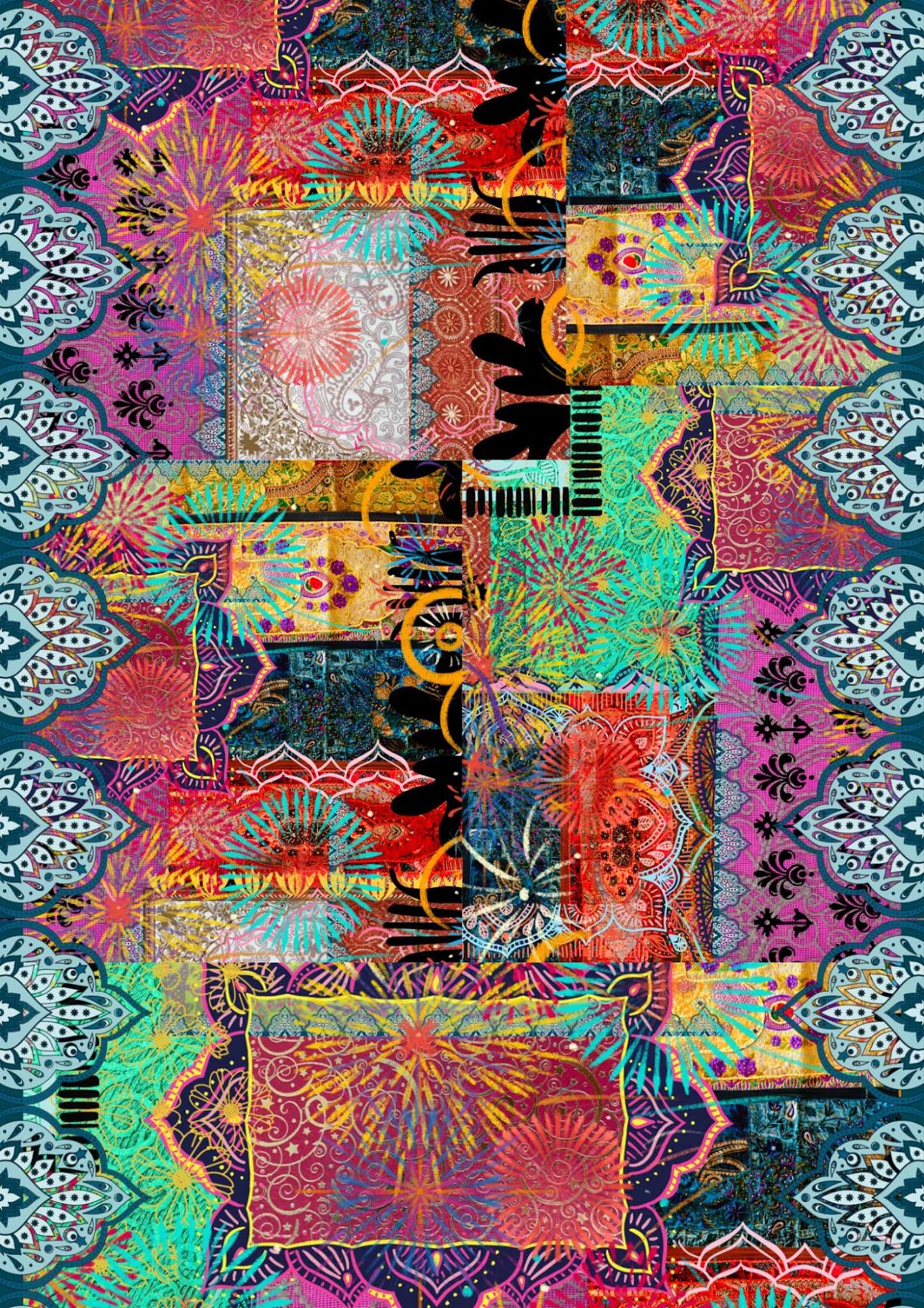 A sample sheet from the "Fireworks" decoupage paper by Made by Marley, displaying fire works and bohemian motifs.