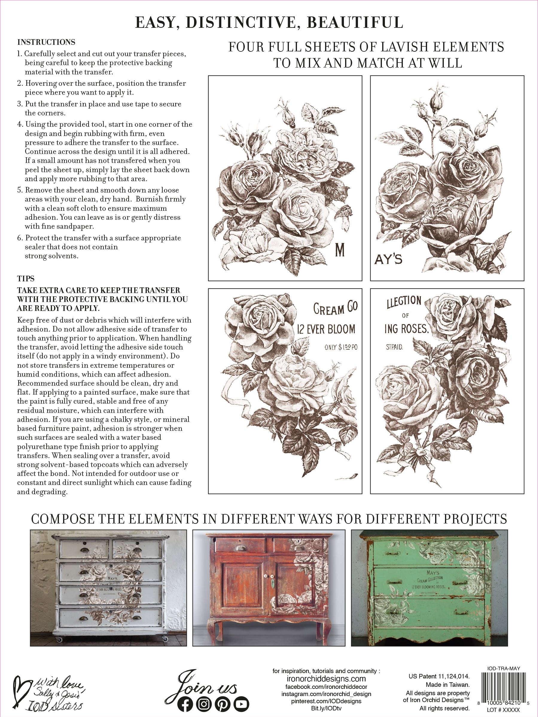 The back cover of a "May's Roses" transfer pad by IOD, with instructions and images of all pages.