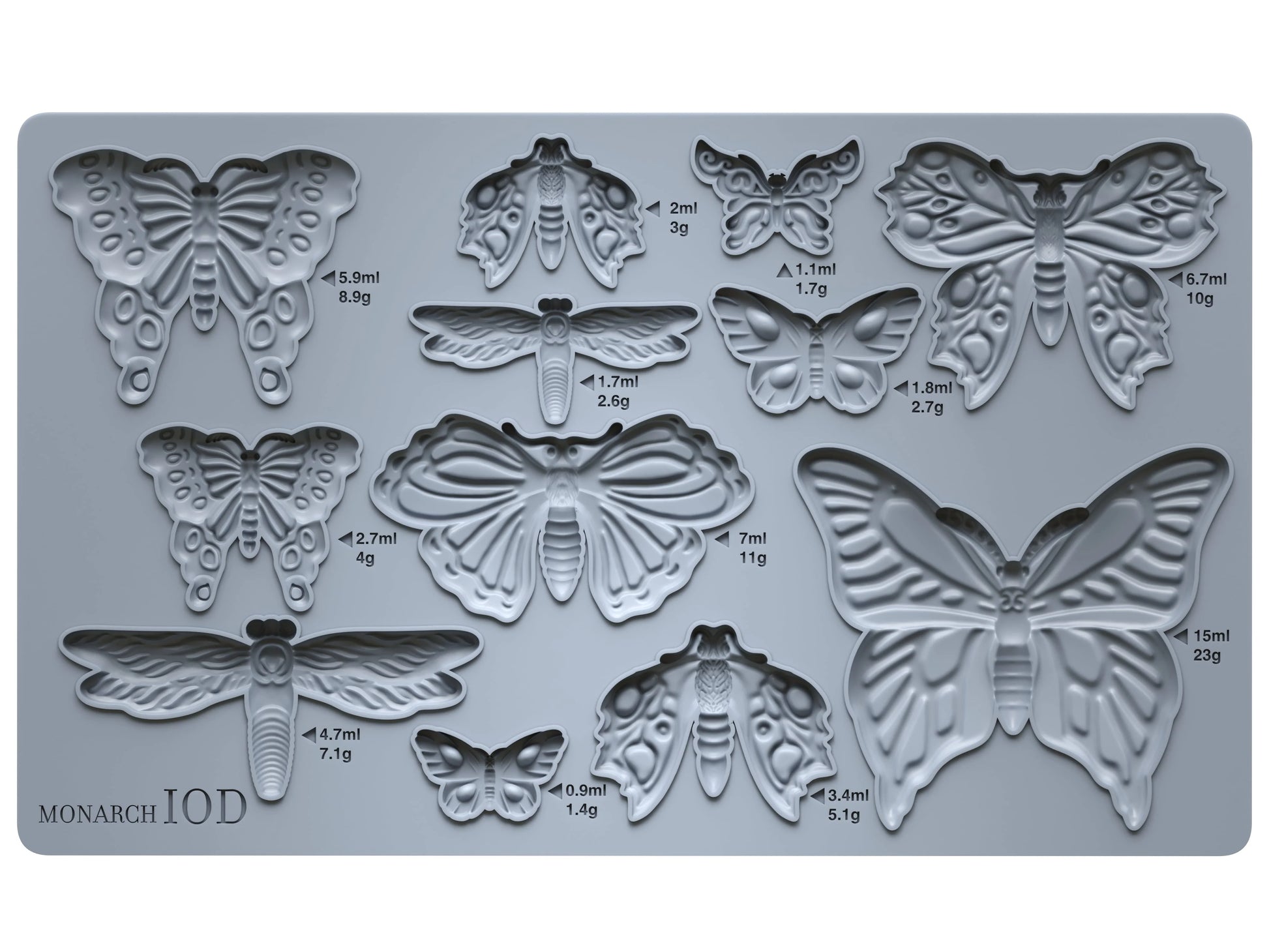 A gray, butterfly-shaped silicone mold with measurements on a white background.