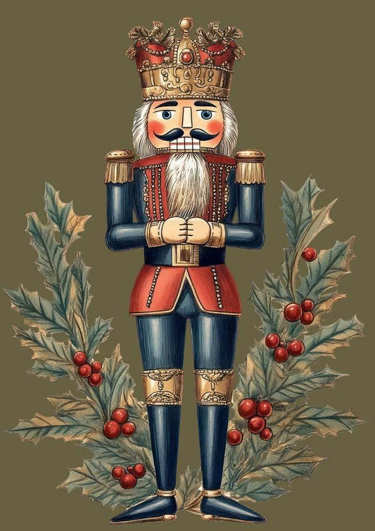 A decoupage paper featuring a decorative nutcracker figure with a crown, surrounded by holly leaves and berries on a green background.