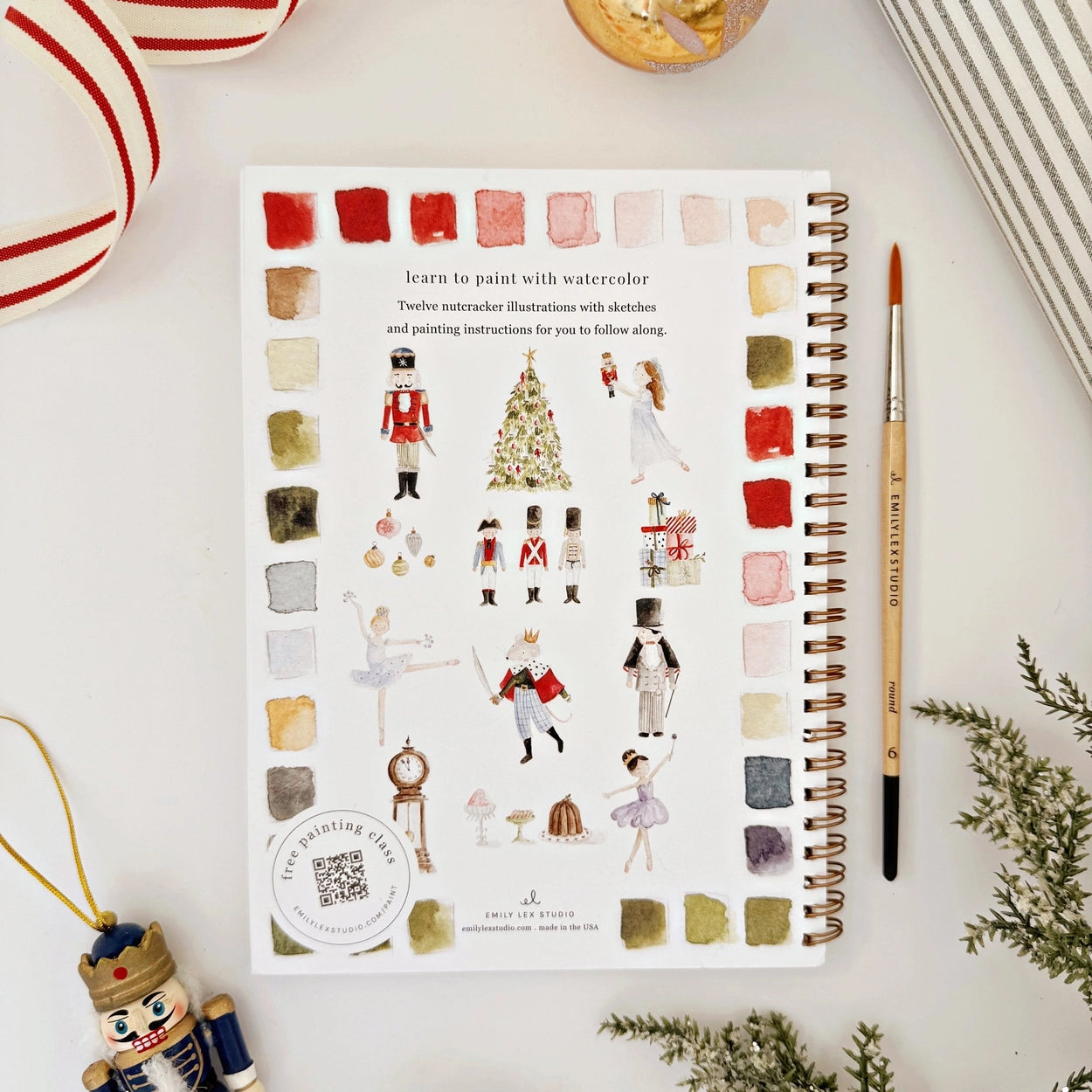 Nutcracker watercolor workbook back cover showing previews of 12 illustrations