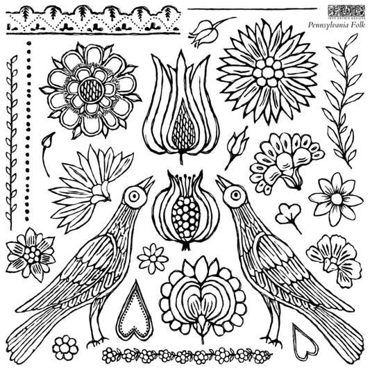 A black and white image of a decor stamp with Pennsylvania Folk art design, featuring birds and floral patterns.