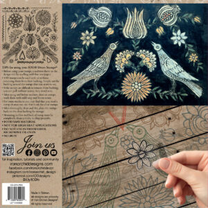 Back cover of packaging for IOD's 'Pennsylvania Folk stamp' with an example project of birds and flowers on wood, as well as instructions on using IOD stamps.
