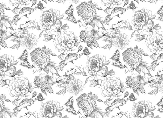 Black and white floral and ribbon pattern on a white background