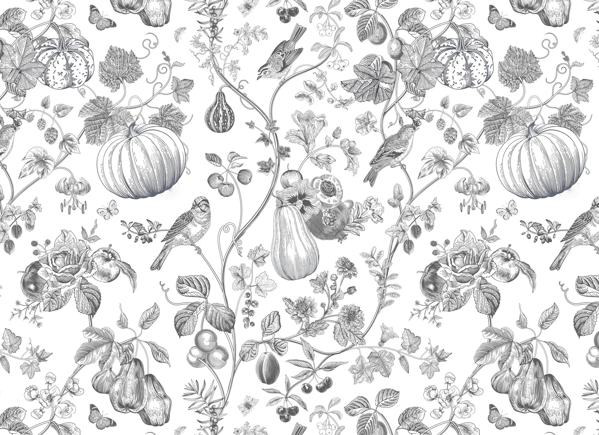Black and white floral and fruit pattern on a white background